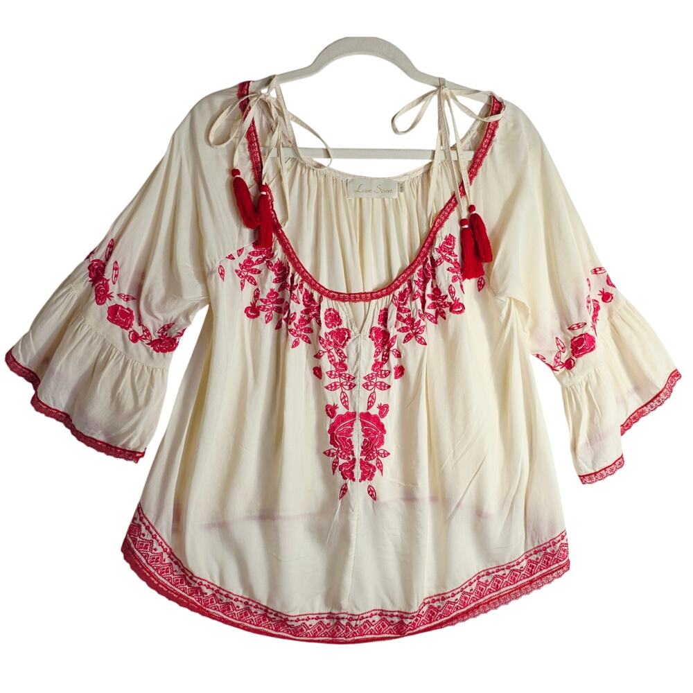 Love Sam Sm Ivory n Red Embroidered Peasant Blouse cold Shoulder Top Silk lace‎